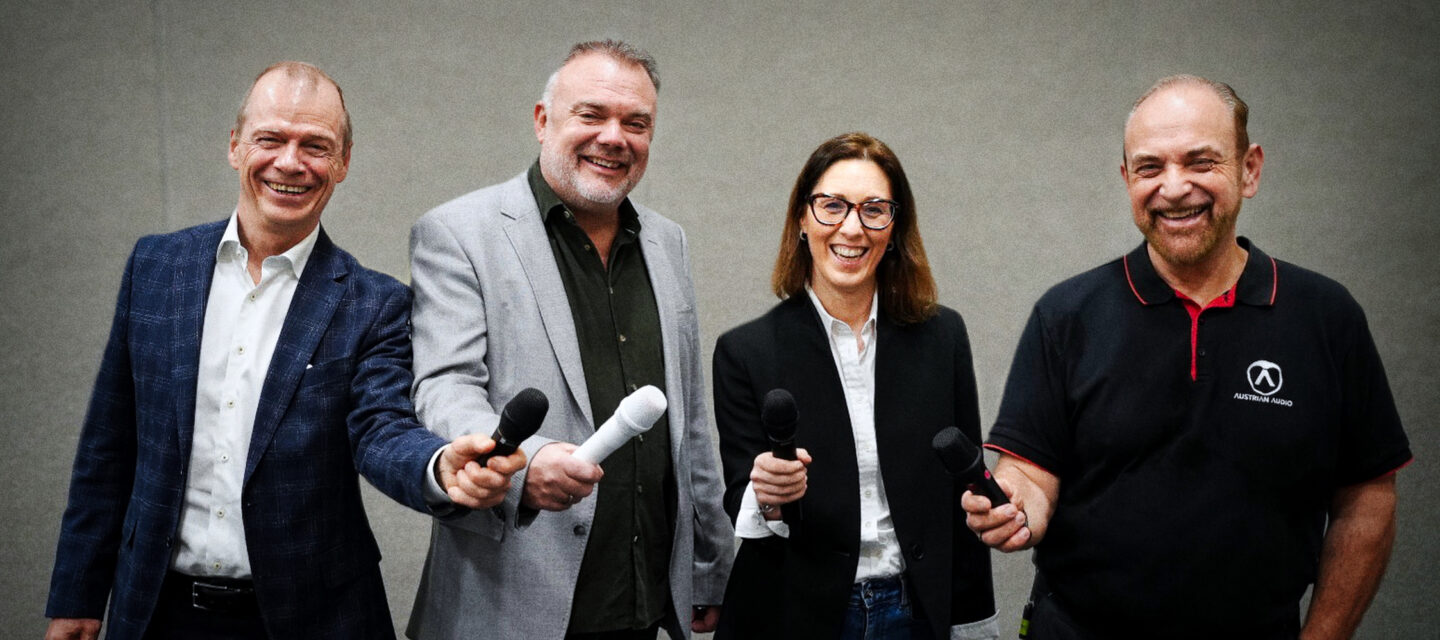 from left to right Kalle Hvidt Nielsen, DPA Microphones CEO James Gordon, Audiotonix CEO Marika Stangherlin, Wisycom CSO (Chief Sales Officer) Martin Seidl, Austrian Audio CEO